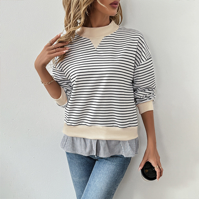 Women's Striped Layering Sweatshirt with Chiffon Insert and Contrasting Stand Collar Chichicherry