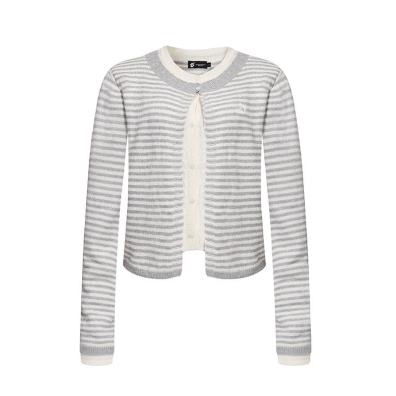Women's Short Layered Cardigan with Round Neck and Fine Stripes Chichicherry