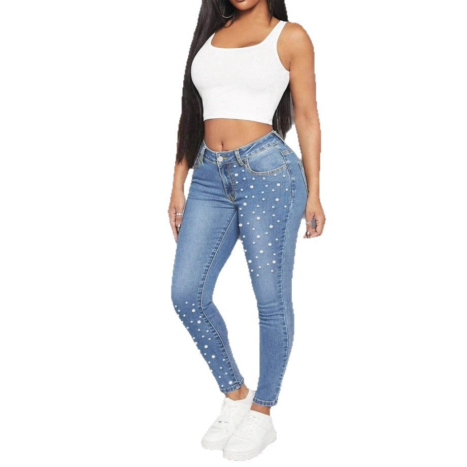 Women High-Waist Skinny Jeans with Pearl Application Chichicherry