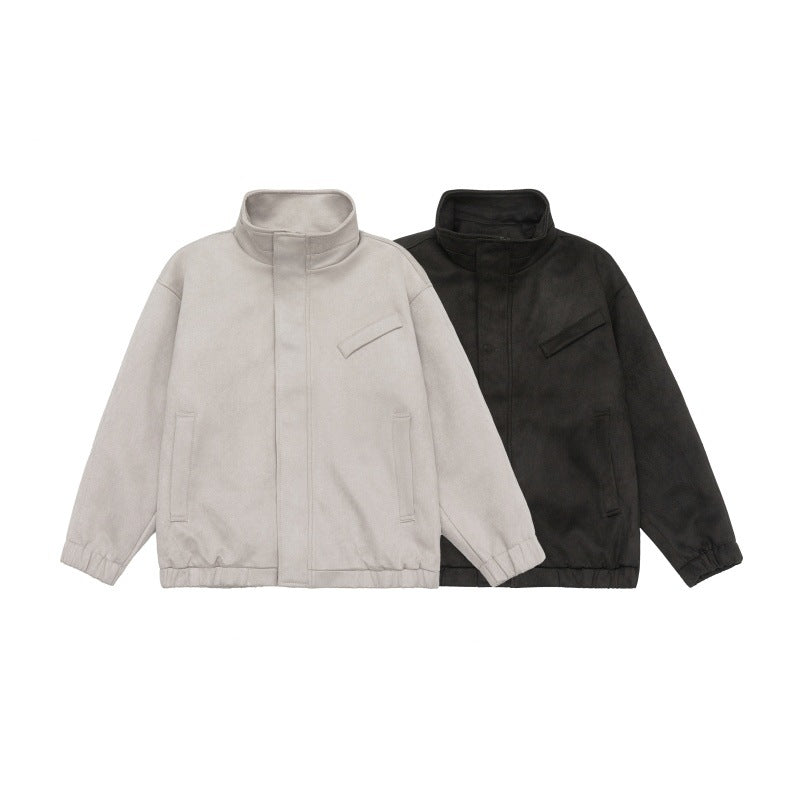 Unisex Short-Cut Stand-Up Collar Fleece Jacket with Concealed Snap Button Placket Chichicherry