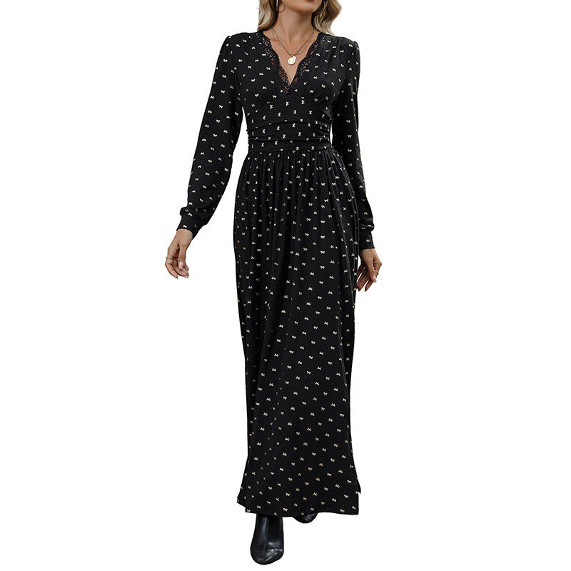Ladies Flowing Maxi Dress with V-Neck, Lace Trim and Fitted Wrap Look Chichicherry