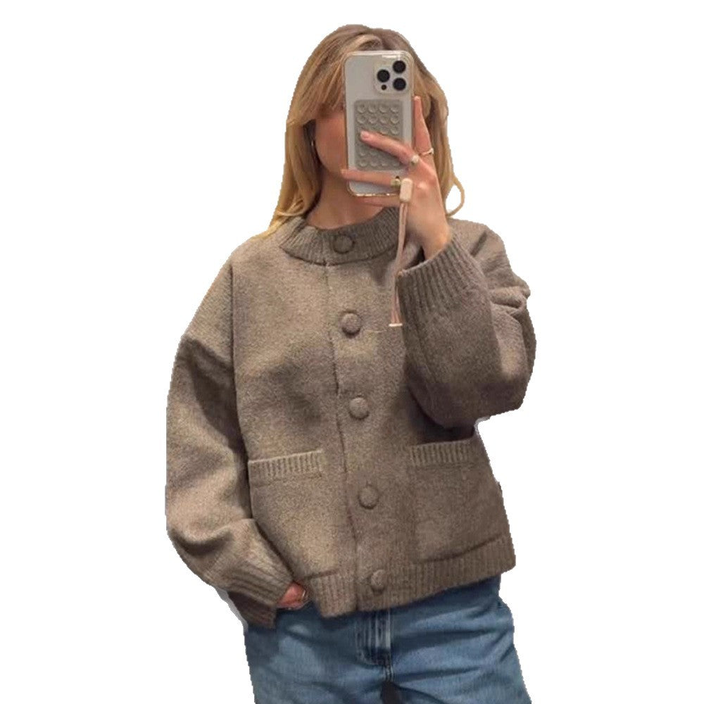 Women's Chunky Knit Cropped Cardigan with Round Snap Buttons and Oversized Sleeves Chichicherry