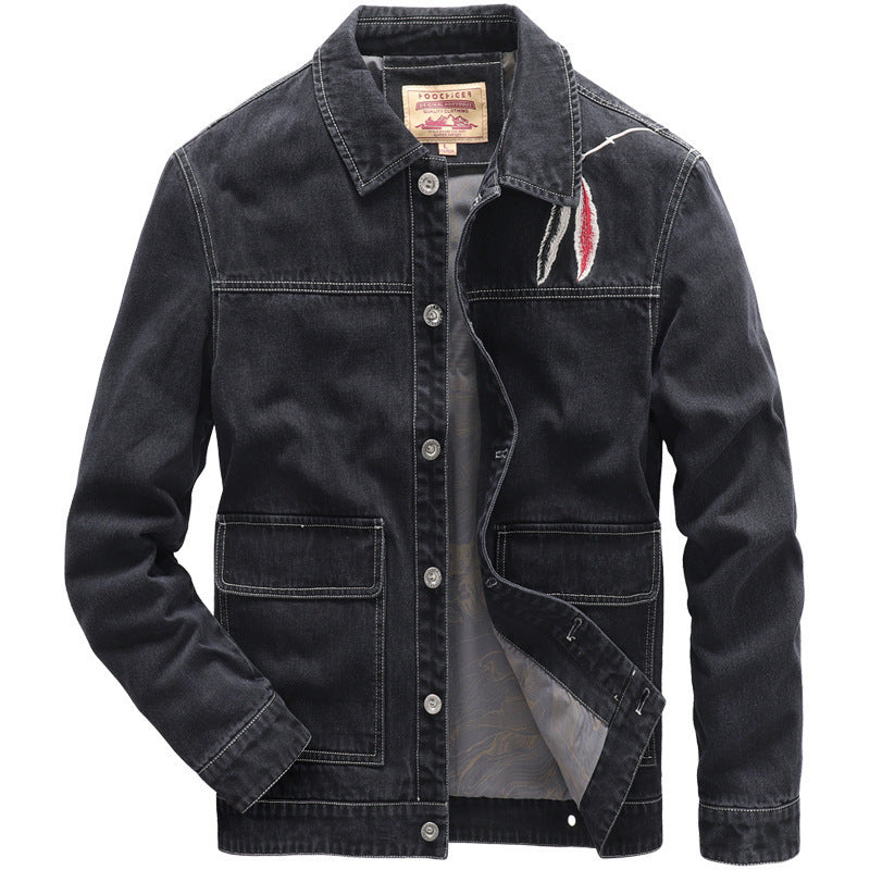 Men's jeans jacket in worker style with embroidered feather motif and inner satin lining Chichicherry