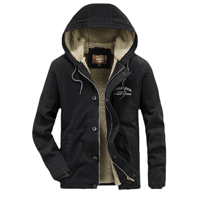 Men's canvas hooded jacket with full teddy lining, two-way zipper and drawstring hem Chichicherry