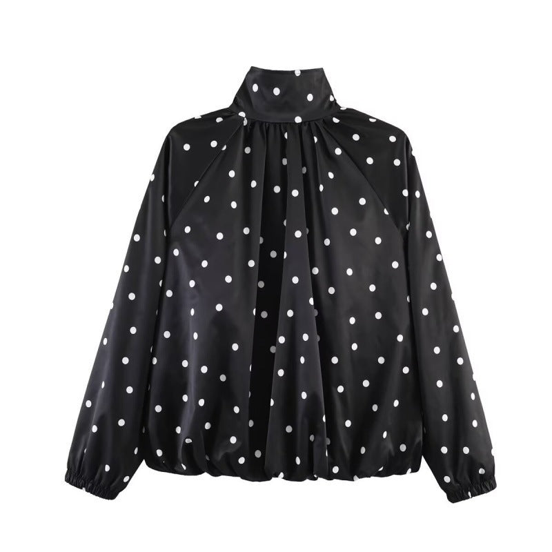 Women's Dotted Lightweight Bomber Jacket with Stand Collar, Zipper and Elastic Hem Chichicherry