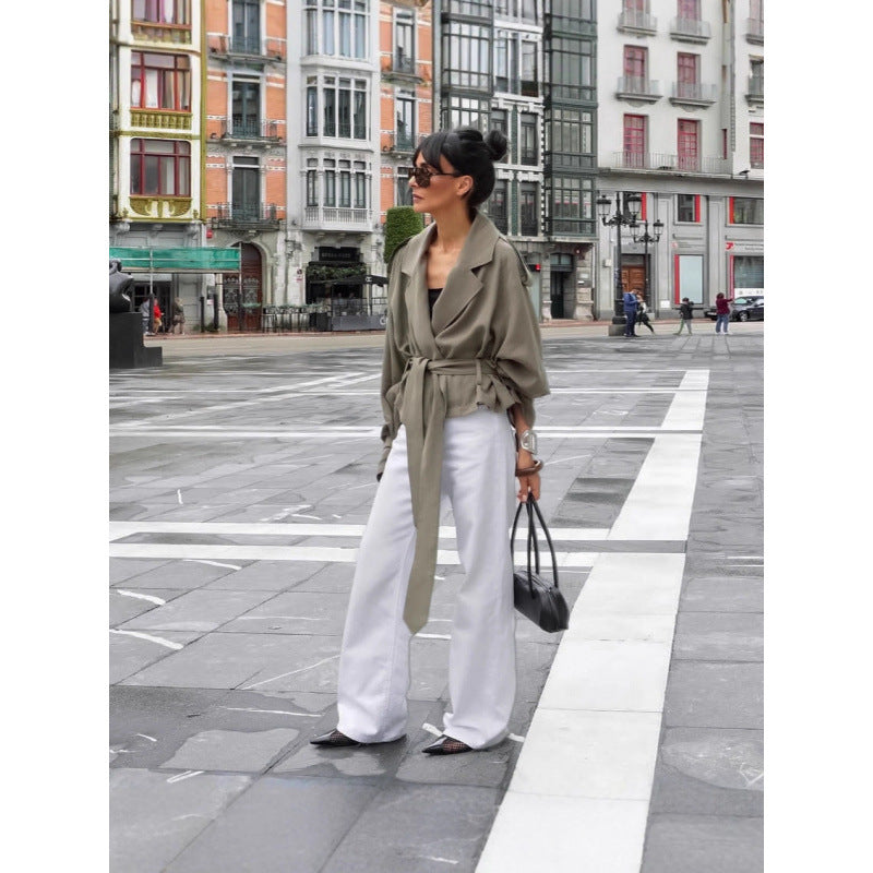 Women’s oversized trench jacket in cropped cut with tie belt, dropped shoulders, and balloon sleeves Chichicherry