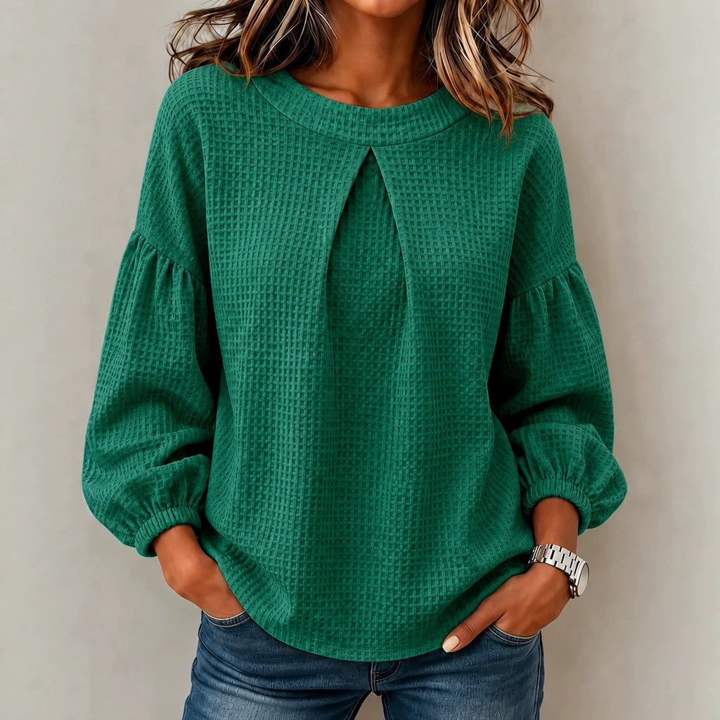 Women's waffle knit long sleeve with balloon sleeves and front seam slit Chichicherry