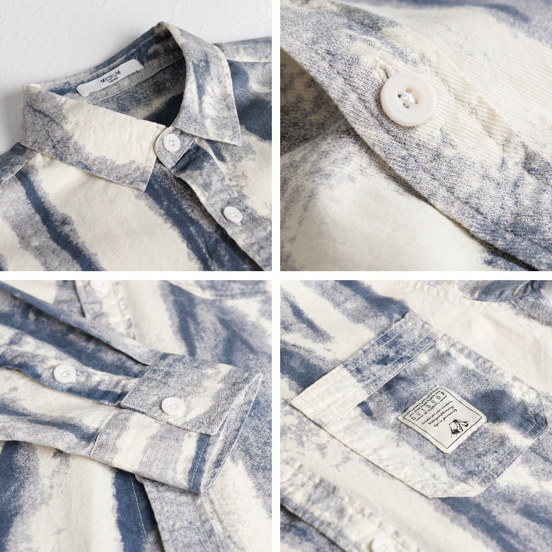 Men's Loose Shirt Jacket - Overshirt made of Linen-Cotton Blend with Abstract Brush Print and Kent Collar Chichicherry