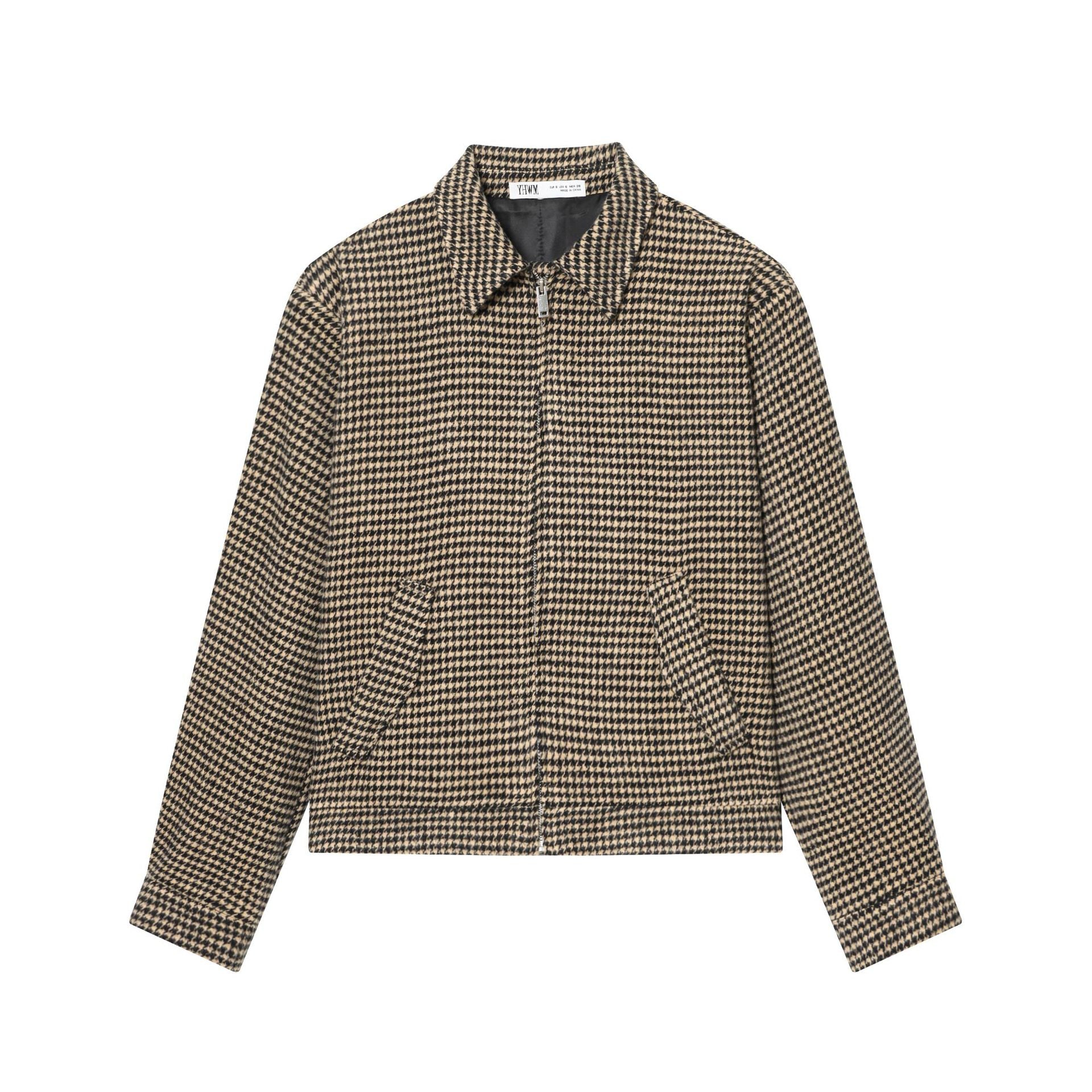 Women Boxy Short Jacket made of Wool Blend with Houndstooth Pattern, Zipper and Shirt Collar Chichicherry