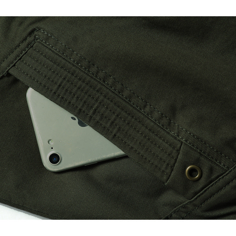 Men's Hooded Canvas Jacket in Military Utility Style with Camouflage Cuff and Ribbed Hem Chichicherry