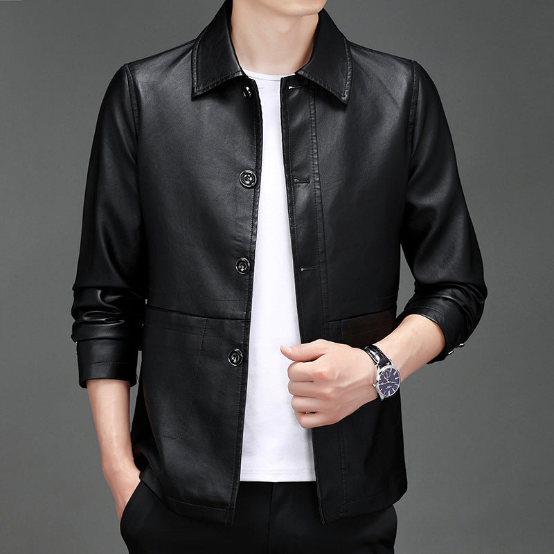 Men's Minimalist Faux Leather Overlay Shirt with Shirt Collar and Patch Pockets Chichicherry