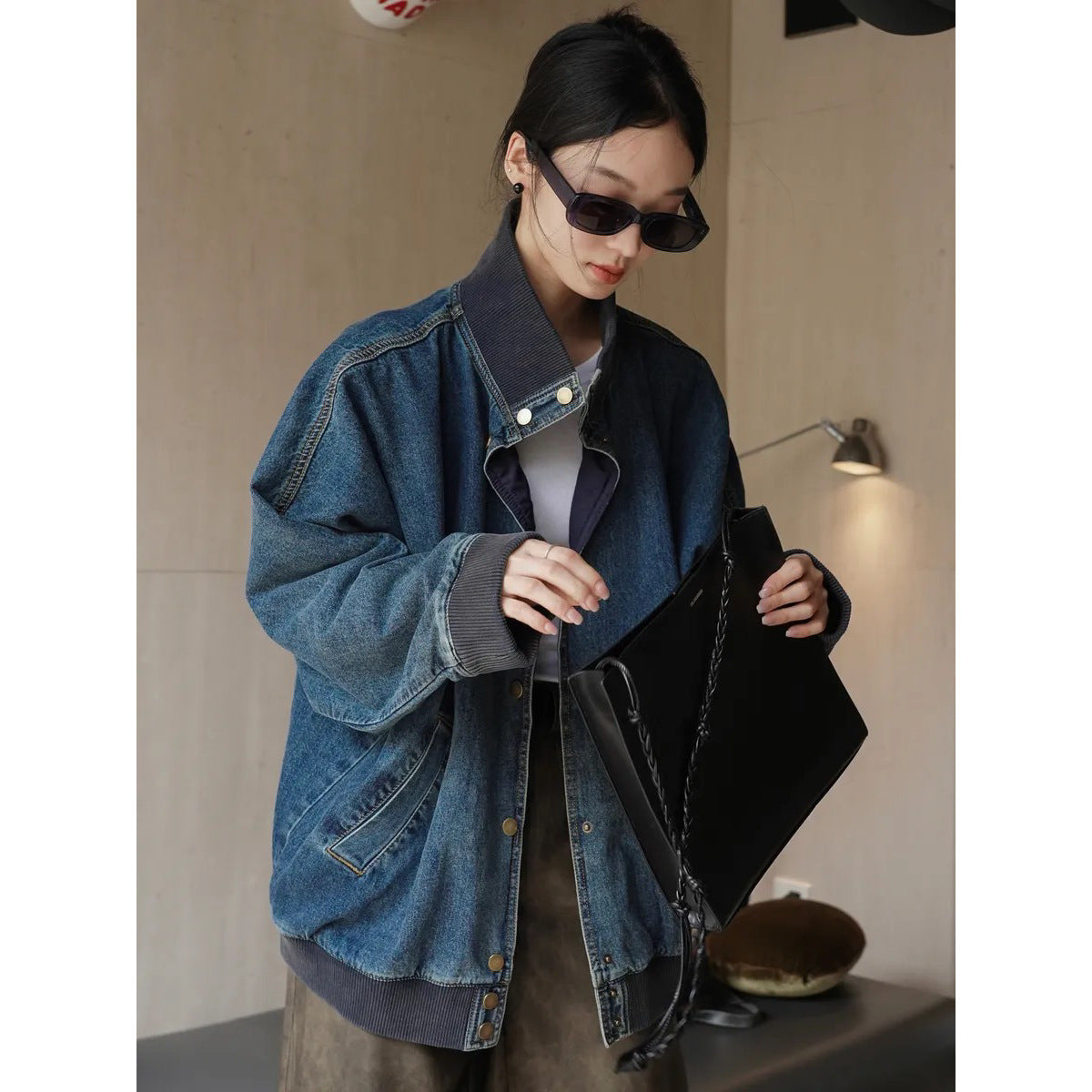 Women's Oversized Jeans Bomber Jacket with Ribbed Collar and Snap Button Front Chichicherry