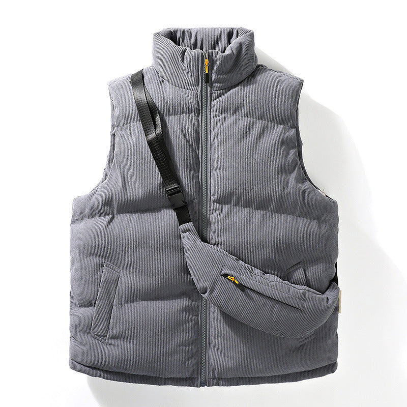 Men's Quilted Cord Sleeveless Thermal Vest with Stand Collar and Integrated Crossbody Bag Chichicherry