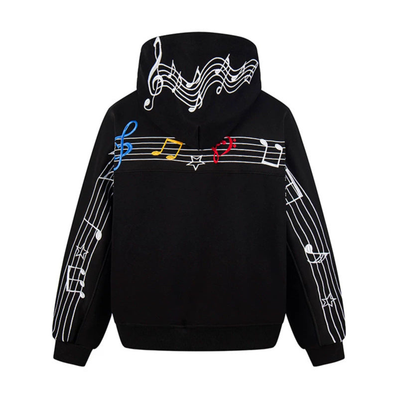 Women's Oversized Hoodie with Musical Notes Embroidery and Ribbed Hem Chichicherry