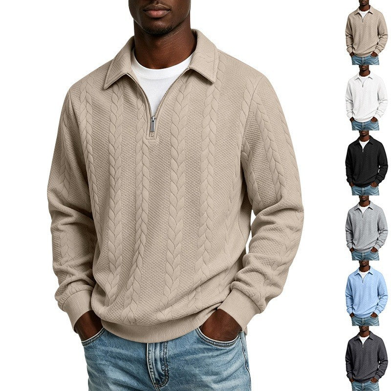 Men's cotton blend polo sweater with short front zip and cable knit pattern Chichicherry