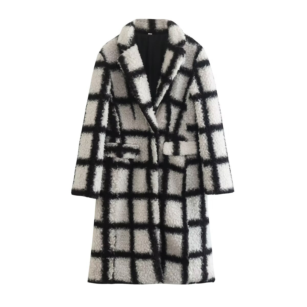 Ladies Long Checkered Teddy Coat with Revers Collar and Flap Pockets Chichicherry