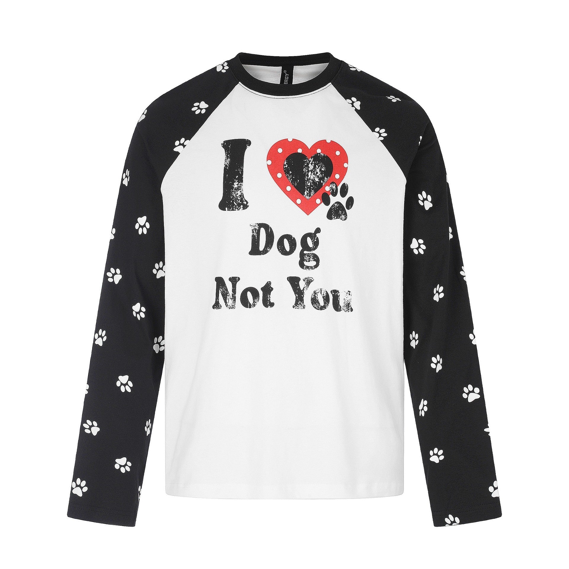 Women’s Long Sleeve Raglan Shirt with Dog Slogan and Paw Print Pattern Chichicherry