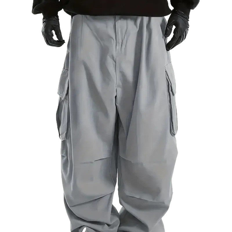 Men's Wide Utility Cargo Pants with Oversized Flap Pockets & Elastic Drawstring Waist Chichicherry