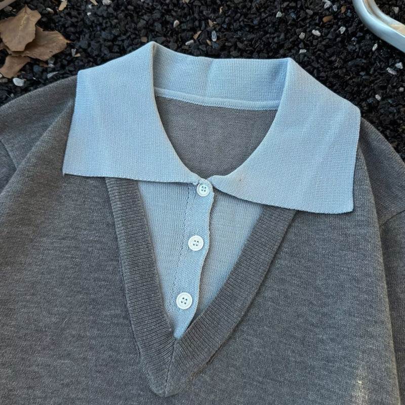 Damen Oversized Polo-Feinstrickpullover mit Kontrastkragen und geripptem Saum Chichicherry