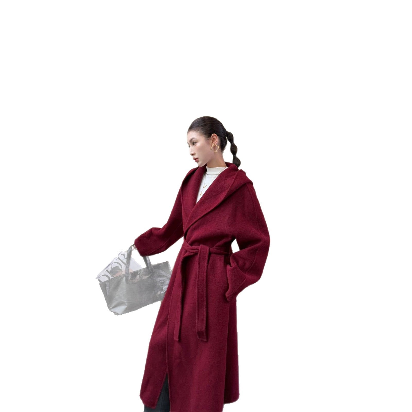 Women Oversize Wool Coat with Shawl Collar and Concealed Button Placket Chichicherry
