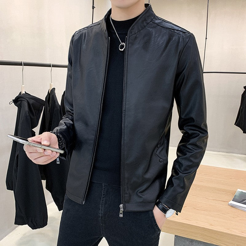 Men's Faux Leather Motorcycle Jacket with Teddy Lining and Stand-Up Collar Chichicherry
