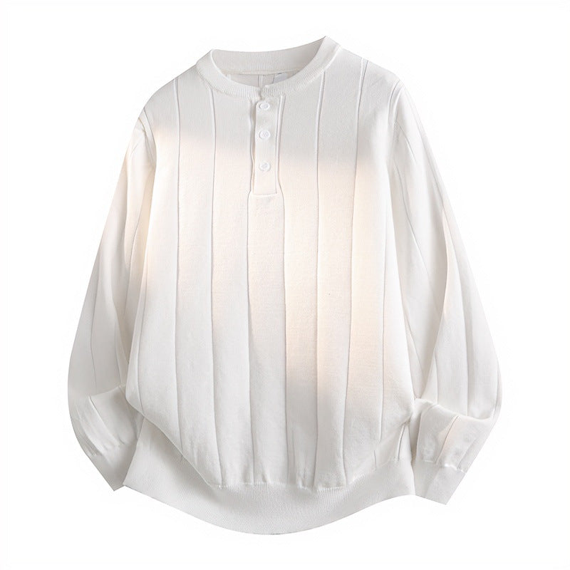 Unisex Oversized Strukturierter Henley-Strickpullover mit vertikaler Rippenstruktur und halber Knopfleiste Chichicherry