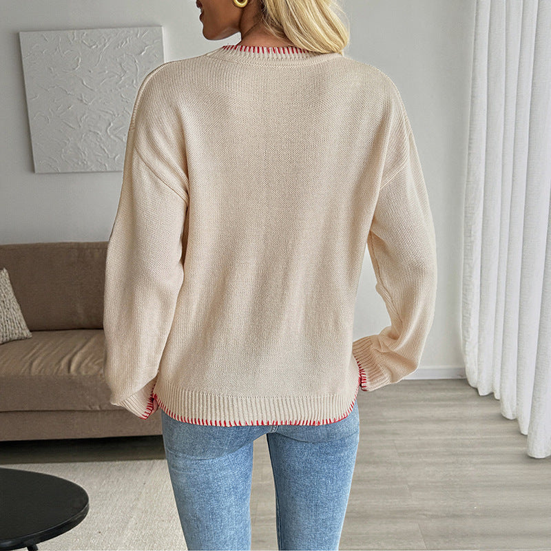 Women's Oversize Fine Knit Sweater with Crab Jacquard, Round Neck and Ribbed Trims Chichicherry