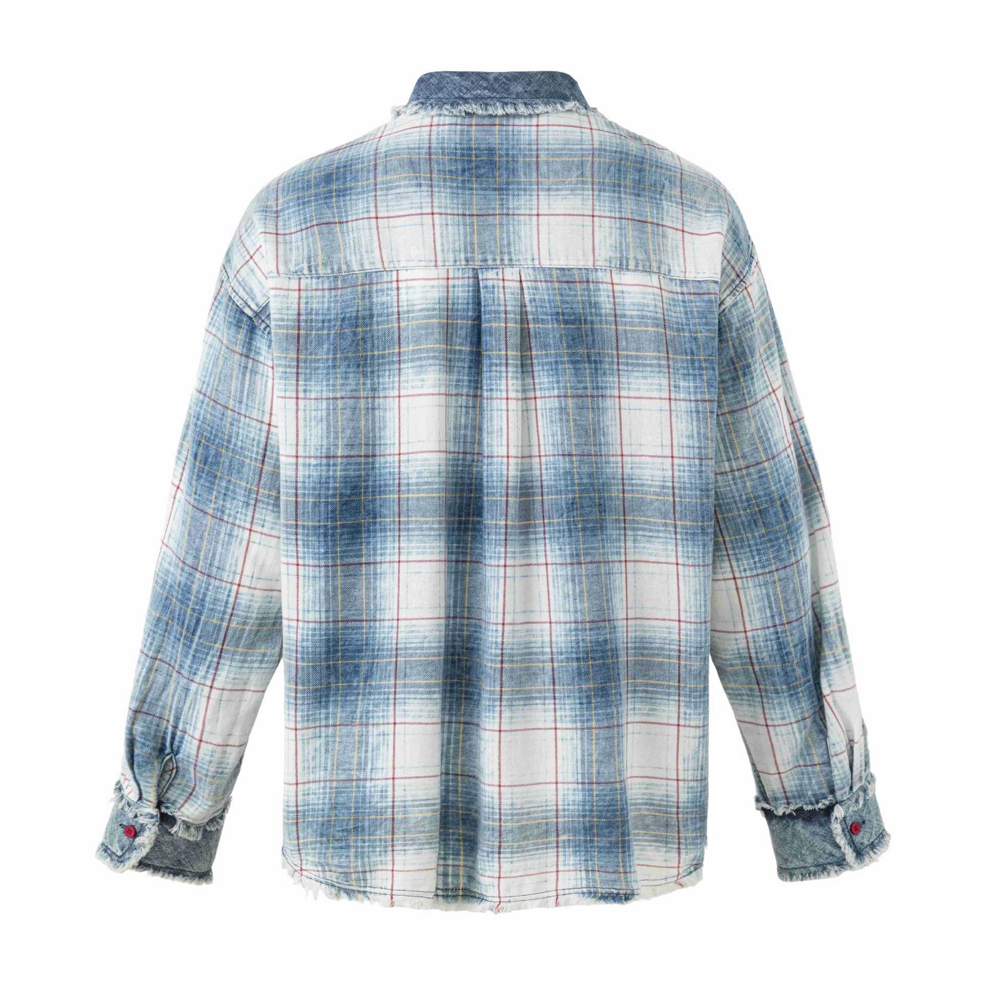 Women's Oversize Checked Shirt Jacket with Denim Applications and Frayed Edges Chichicherry