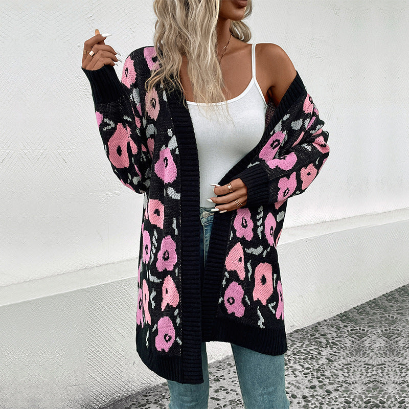 Women's Long Open Knit Cardigan with Leopard Jacquard Pattern and Ribbed Hems Chichicherry
