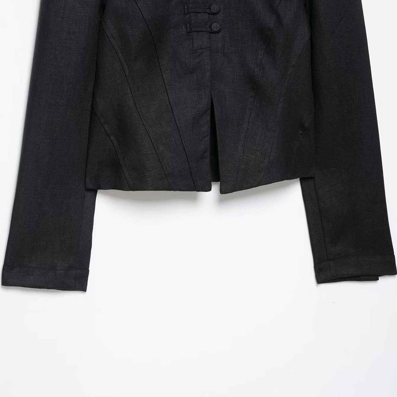 Ladies' short blazer in corset style with stand-up collar, decorative knot closure and tailored division Chichicherry