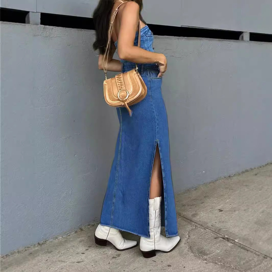 Ladies High-Waist Maxi Skirt made of Denim with front decorative seam and side leg slit Chichicherry