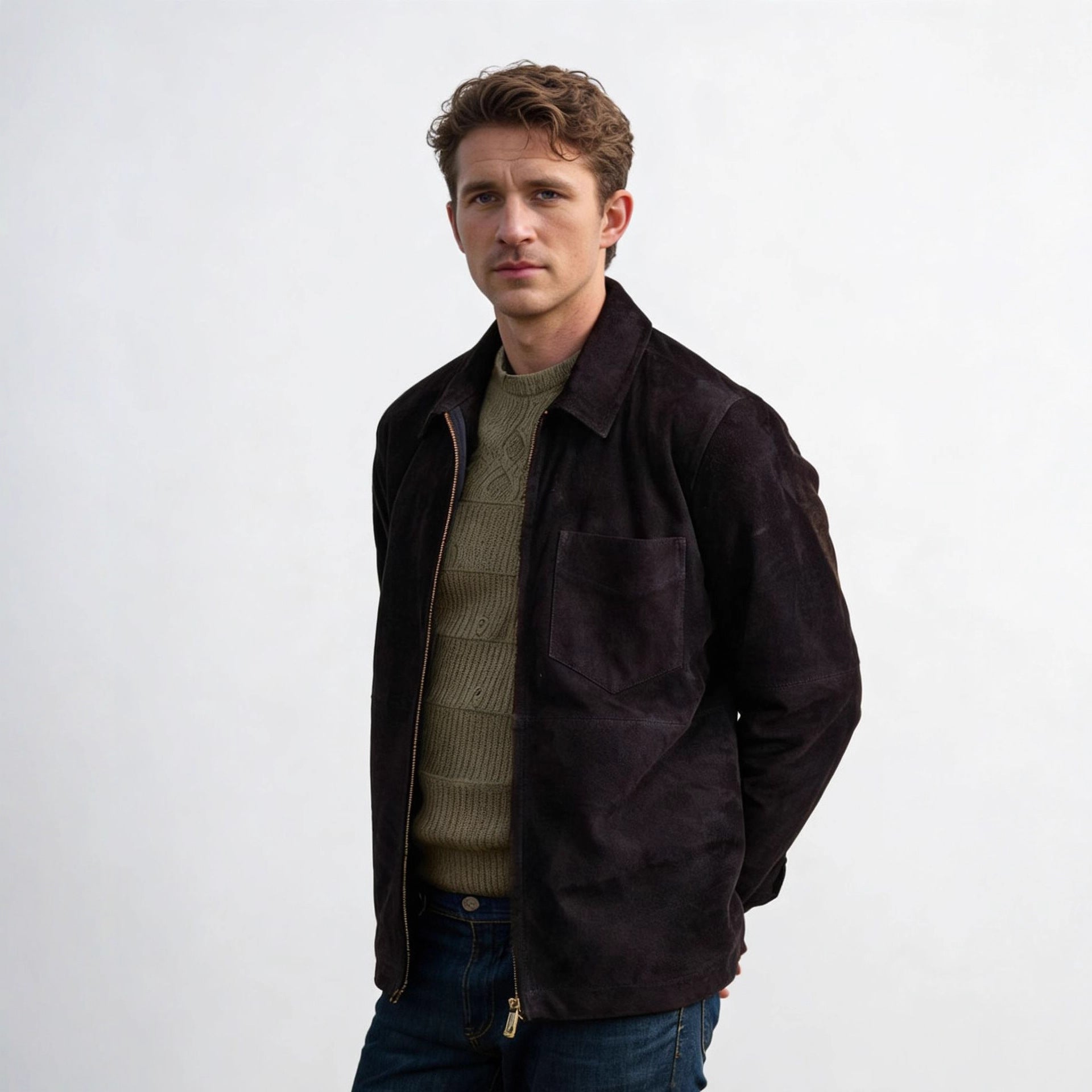 Herren Velourslederjacke mit Reißverschluss und Hemdkragen Chichicherry