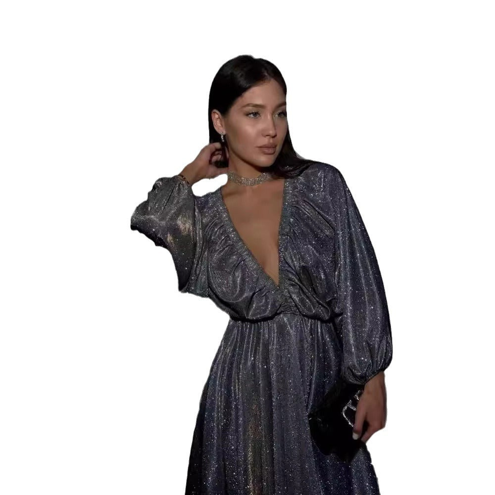 Damen Glitzerndes Abendkleid mit tiefem V Ausschnitt, Ballonärmeln und taillenbetonter Glockenrock Chichicherry