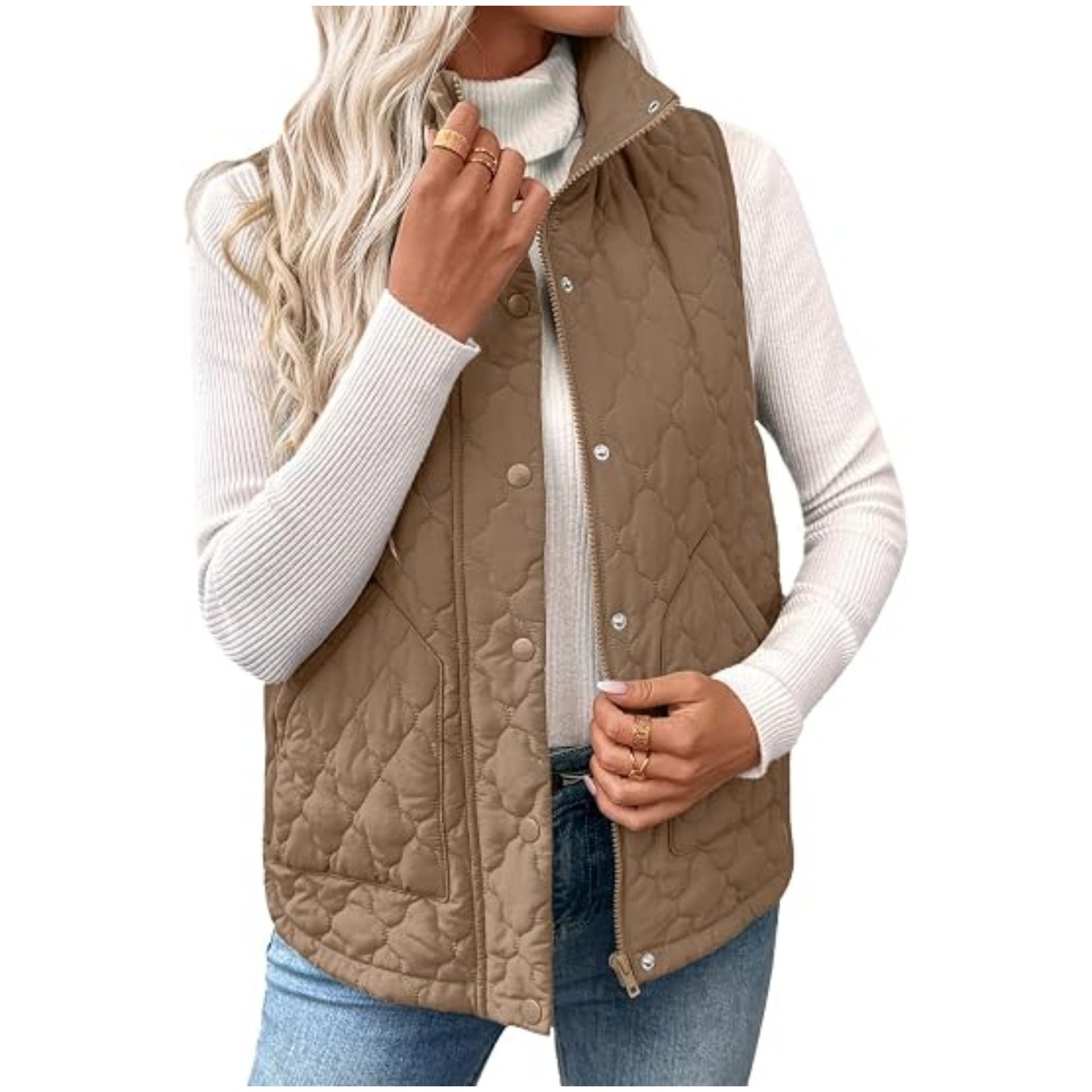 Women’s quilted vest with high standing collar, double closure and curved hem Chichicherry