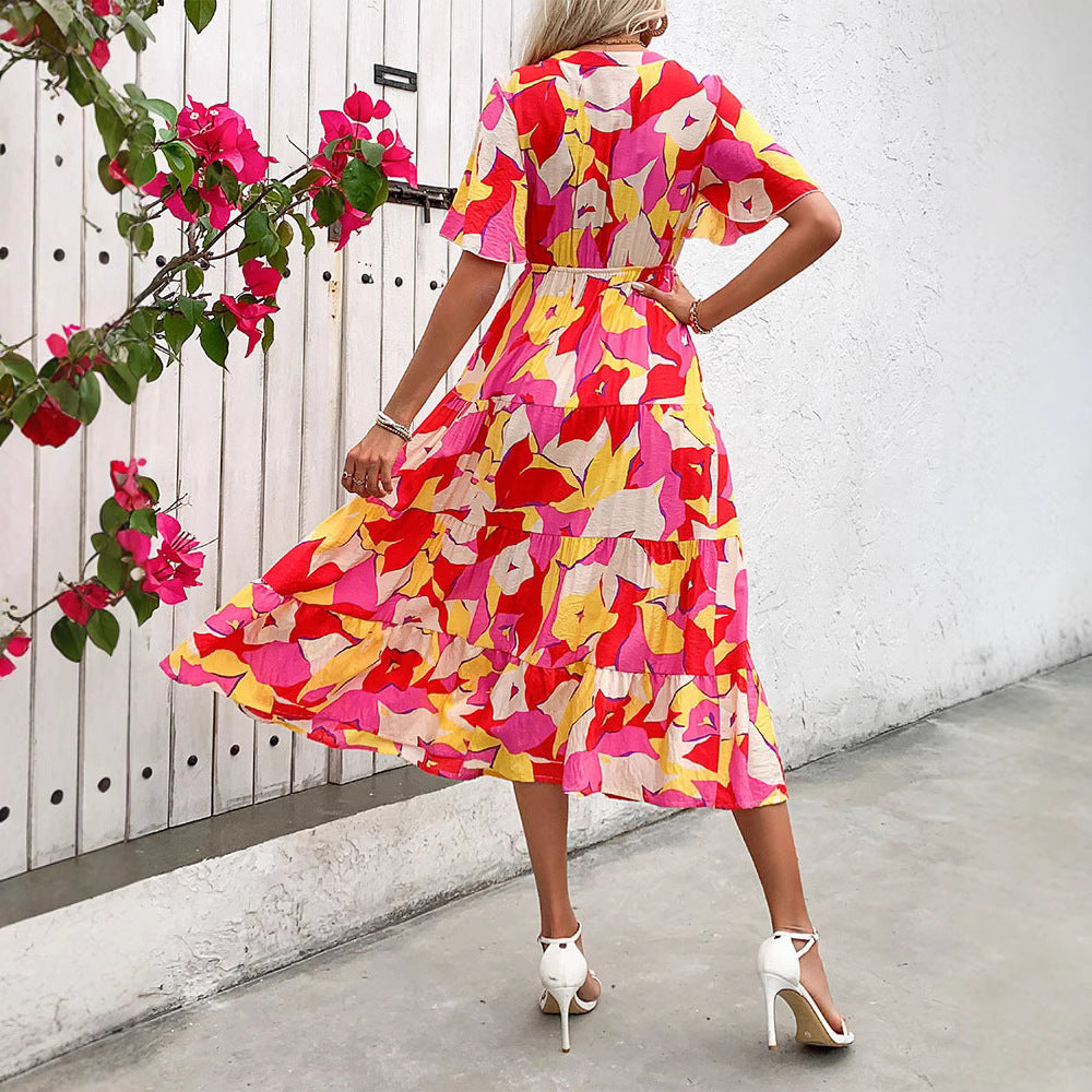 Women Tiered Midi Dress with Continuous Button Placket, Fitted Elastic Waistband and Ruffle Sleeves Chichicherry