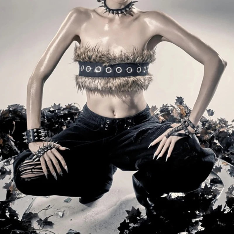 Women Cropped Bandeau Top with Faux Fur Trim, Grommet Leather Strap and Gothic-Punk Details Chichicherry