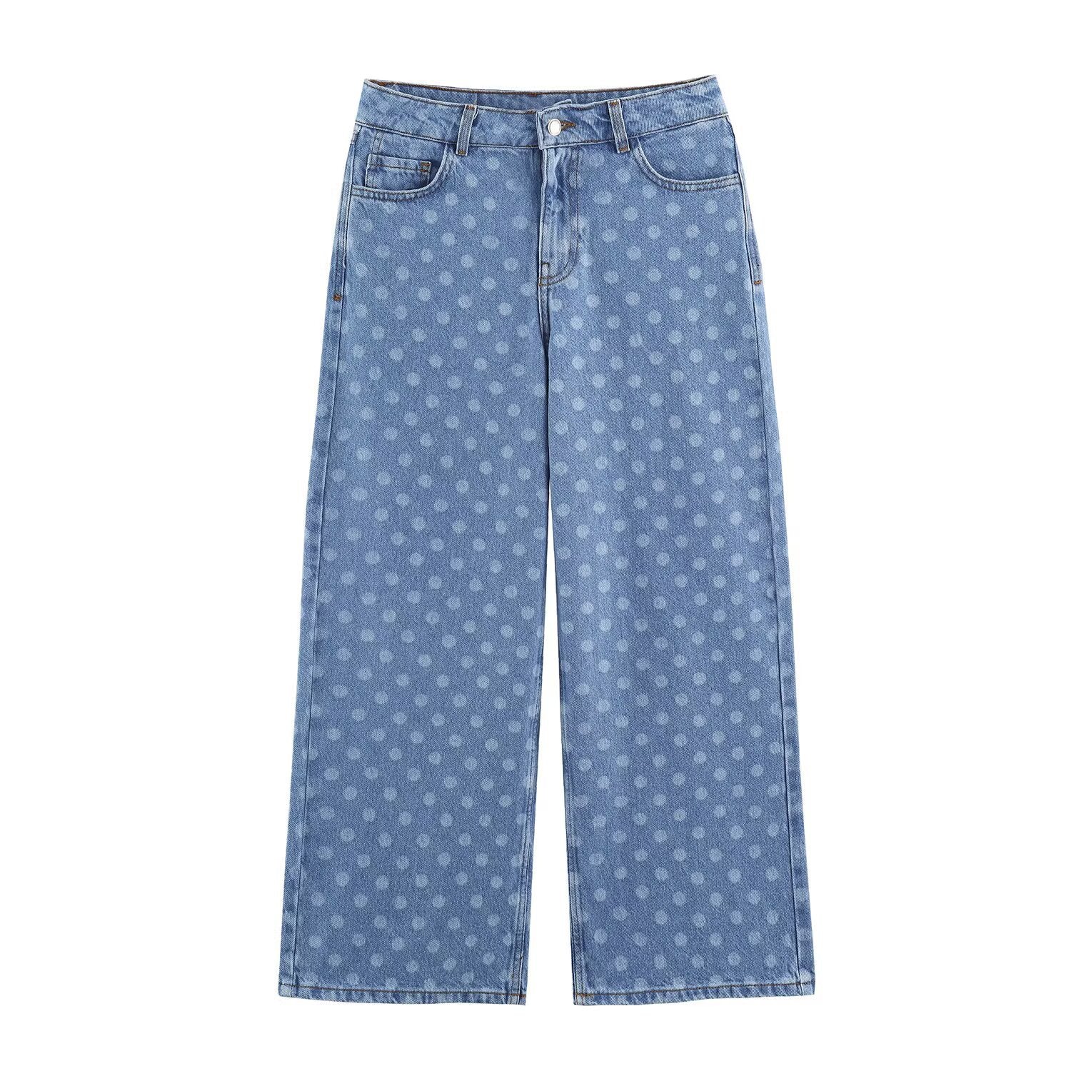 Women Short-Cut Wide-Leg Jeans with Polka Dot Pattern and High Waist Chichicherry