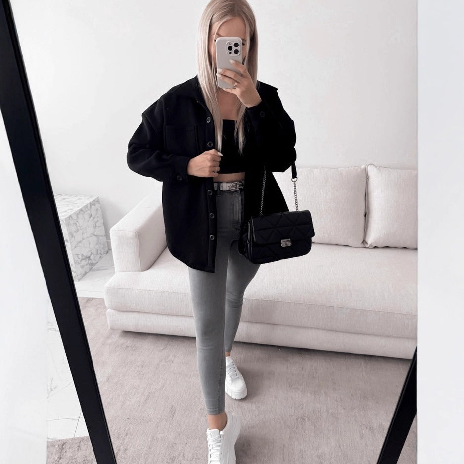 Damen Oversized Hemdjacke Shacket aus weichem Wollmix mit aufgesetzten Brusttaschen Chichicherry