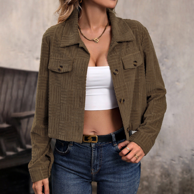 Women's short-cut cord jacket with quilted check pattern and flap pockets Chichicherry
