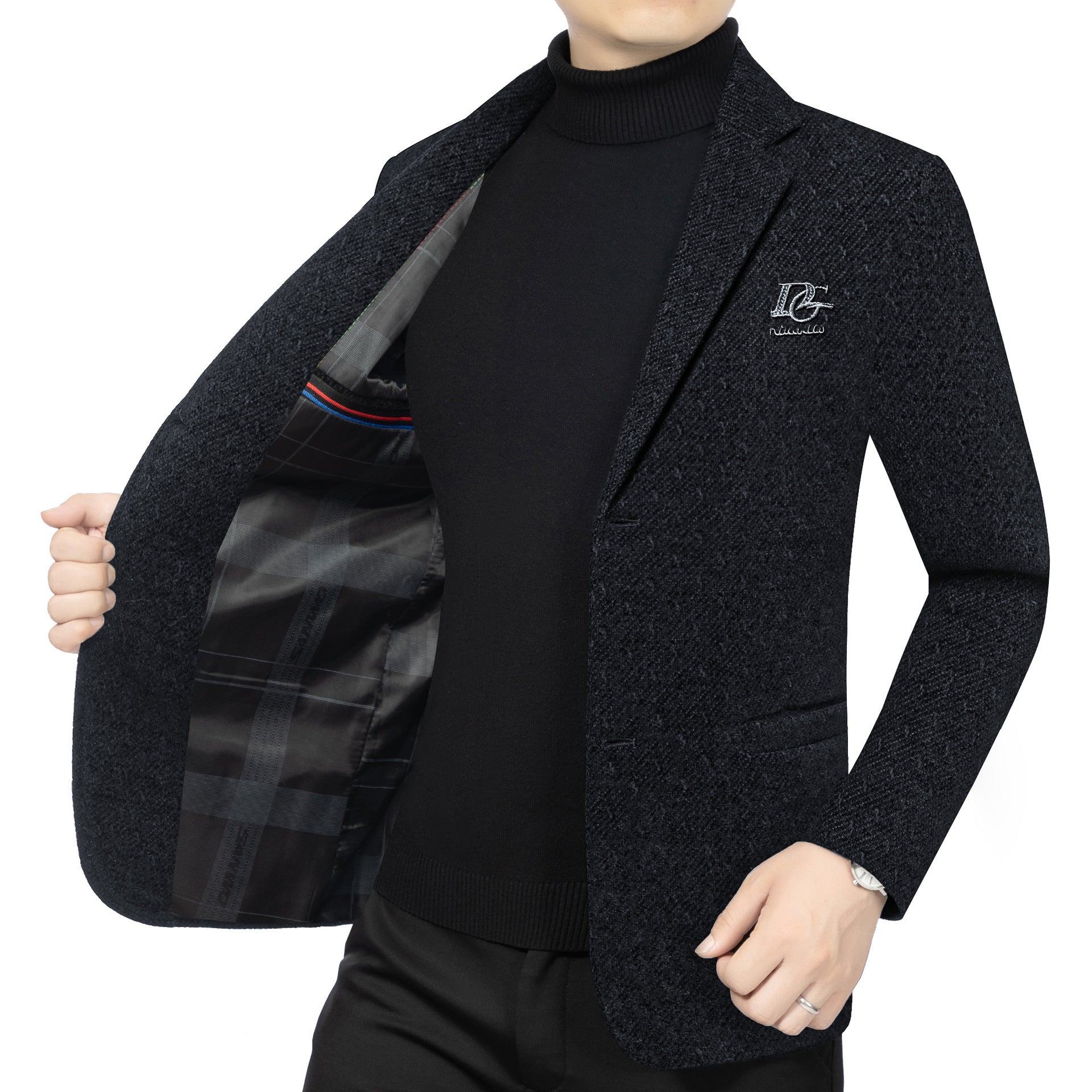 Men's Tailored Wool Blend Blazer in Structured Look with Lapels, Logo Stitch and Two-Button Front Chichicherry