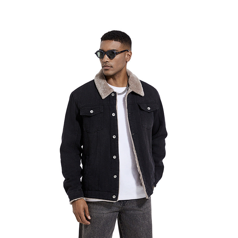 Men's Robust Denim Trucker Jacket with Sherpa Lining and Teddy Collar Chichicherry