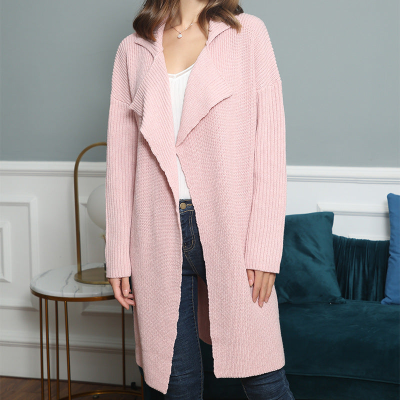 Women's longer open ribbed knit cardigan with wide shawl collar Chichicherry
