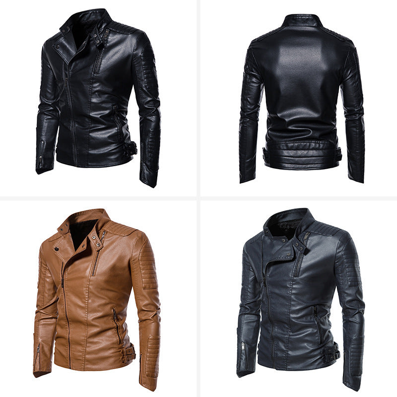 Men's Slim-Fit Biker Jacket made of Faux Leather with Quilted Shoulder and Sleeve Yoke Chichicherry