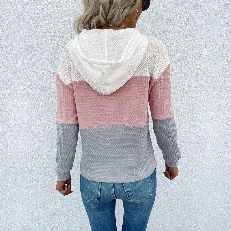Women's Casual Knit Hoodie with Colorblock, Drawstring and Fine Waffle Pattern Chichicherry