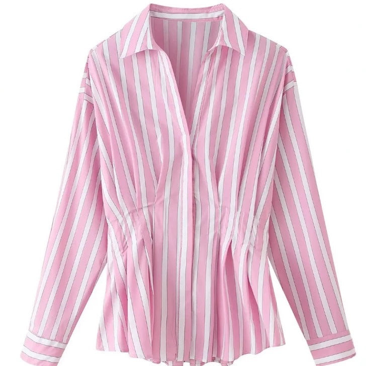 Women tailored blouse with tuck pleats and shirt collar Chichicherry