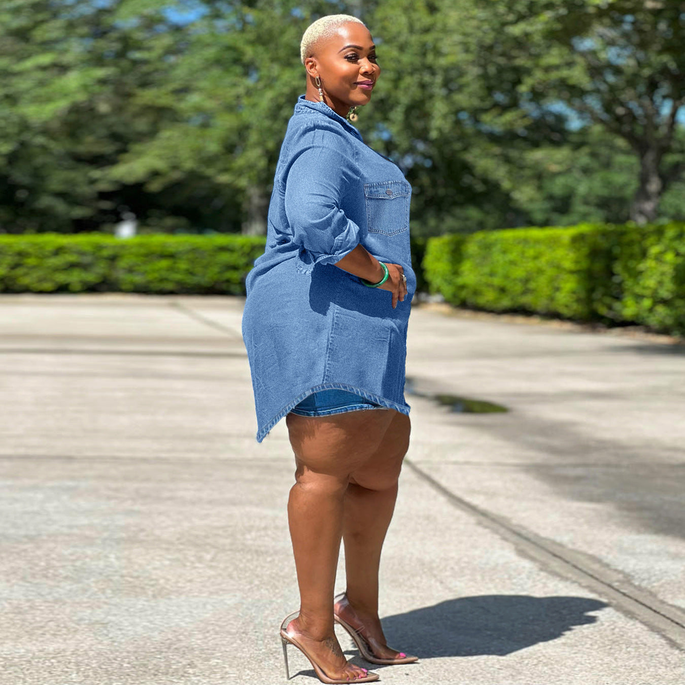 Ladies Oversized Denim Shirt Blouse in Longline Cut with Rolled Sleeves and Breast Pockets Chichicherry