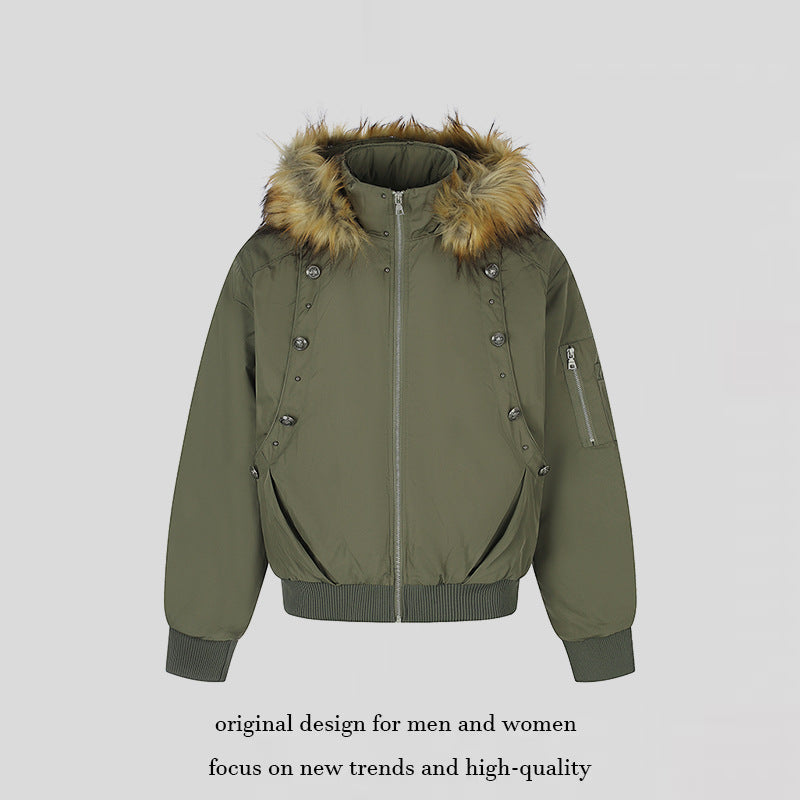 Women's short-cut bomber jacket with faux fur hood and eyelet application Chichicherry