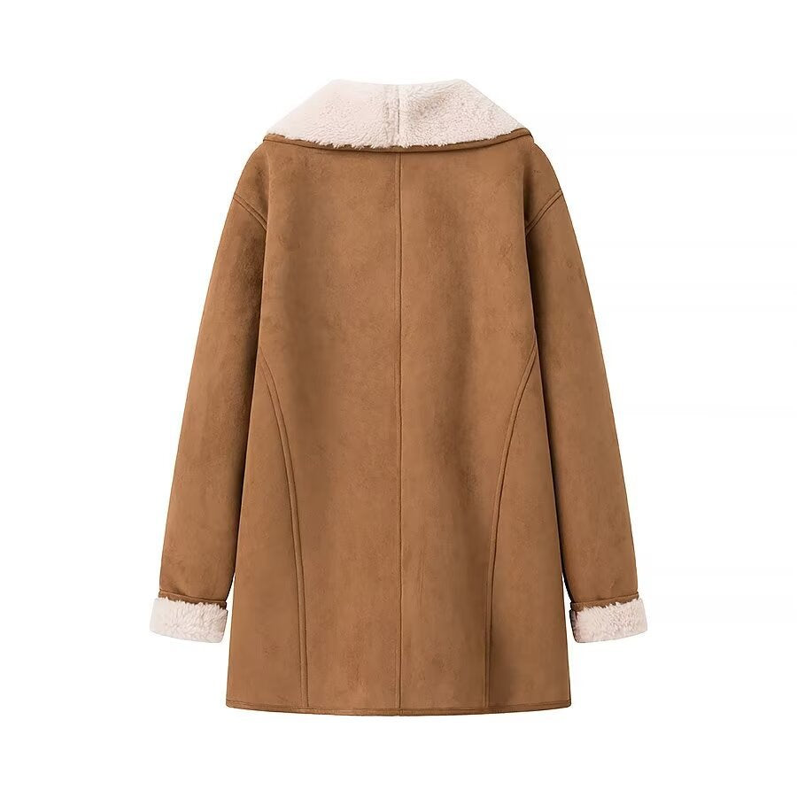 Women's midi coat made of lamb fur imitation with voluminous shawl collar and button closure Chichicherry