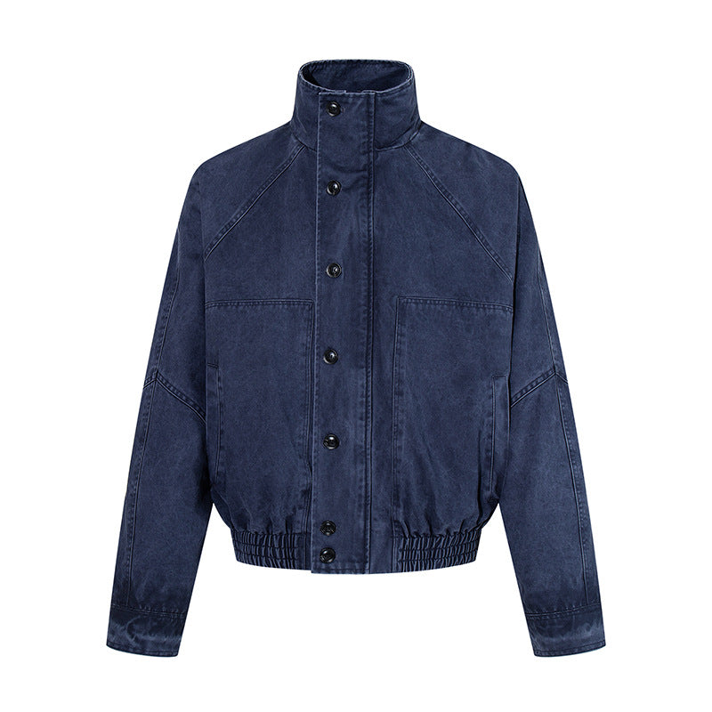 Women's short oversized bomber jacket with standing collar, button placket, and elastic hem Chichicherry