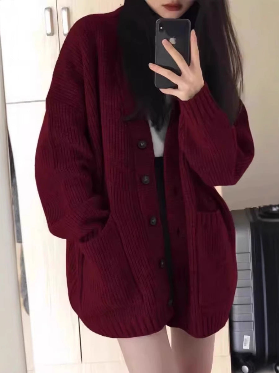 Women's Oversize Knitted Cardigan with Patch Pockets and Full Button Placket Chichicherry